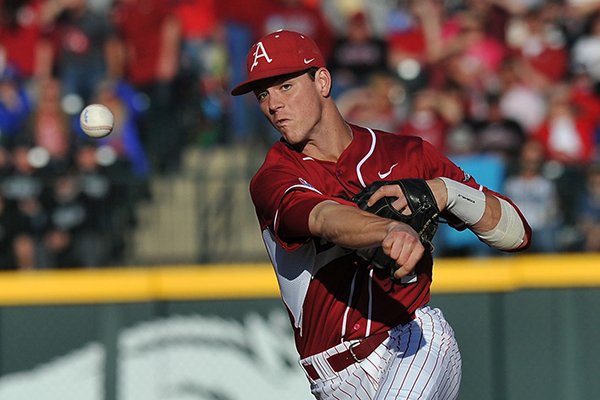 Arkansas second baseman Brian Anderson makes a play during a game against South Carolina on Friday, April 5, 2014 at Baum Stadium in Fayetteville. 