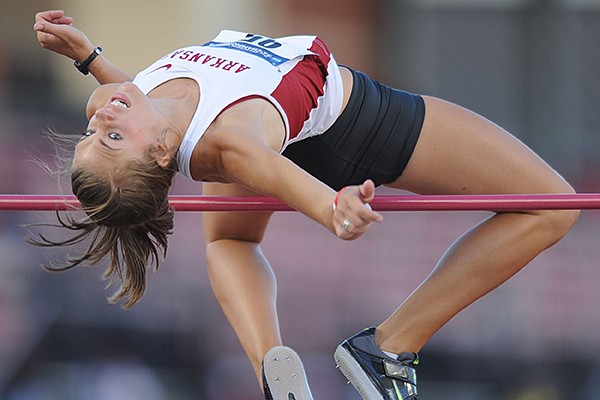 Arkansas senior Kirsten Hesseltine competes in the high jump during the third day of the NCAA Outdoor Track and Field West Preliminary Meet at John McDonnell Field in Fayetteville.