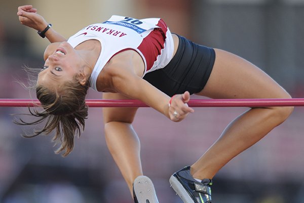 Arkansas senior Kirsten Hesseltine competes in the high jump during the third day of the NCAA Outdoor Track and Field West Preliminary Meet at John McDonnell Field in Fayetteville.