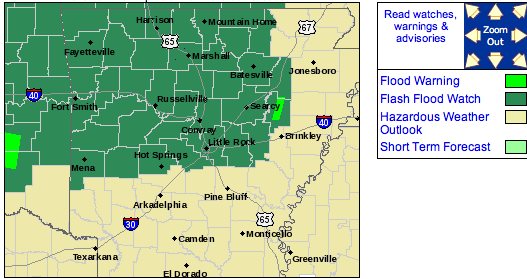 Flash flood warnings from the National Weather Service for parts of central, east, north-central and western Arkansas.