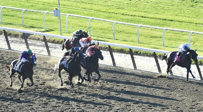 California Chrome, far left, runs near Tonalist (11) and Medal Count (1) down the stretch in the Belmont Stakes horse race, Saturday, June 7, 2014, in Elmont, N.Y. Commisioner is at right and General a Rod (10) and Samraat are at rear. 