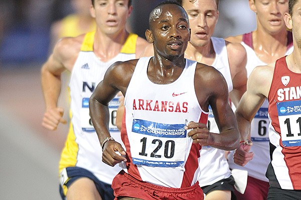 Arkansas junior Stanley Kebenei (120) leads the pack as he competes in the 5,000 meters during the third day of the NCAA Outdoor Track and Field West Preliminary Meet at John McDonnell Field in Fayetteville.