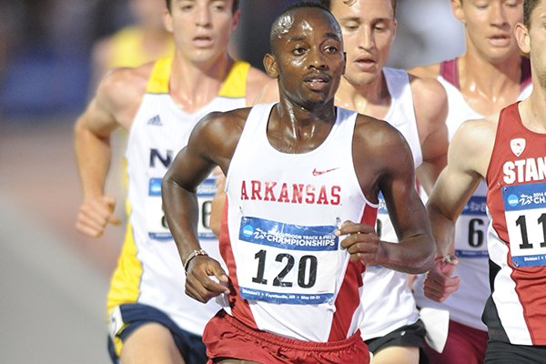 Arkansas junior Stanley Kebenei (120) leads the pack as he competes in the 5,000 meters during the third day of the NCAA Outdoor Track and Field West Preliminary Meet at John McDonnell Field in Fayetteville.