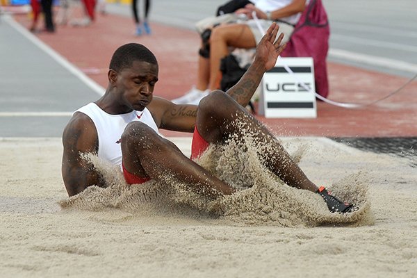 Arkansas long jumper Raymond Higgs competes at the 2014 NCAA Track and Field West Preliminary at John McDonnell Field in Fayetteville.