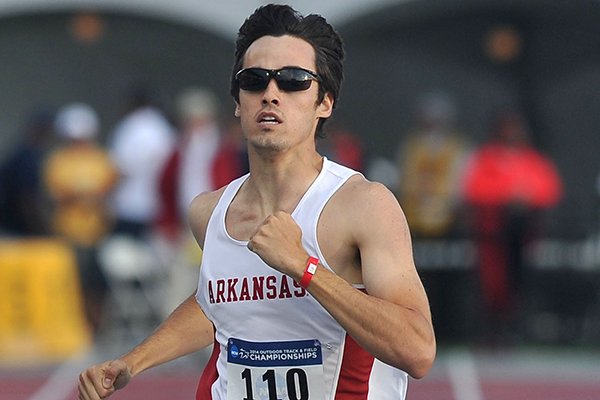 Arkansas' Neil Braddy crosses the finish line during 400 meter race Thursday, May 29, 2014 at the NCAA Track and Field West Preliminary meet at John McDonnell Field in Fayetteville.