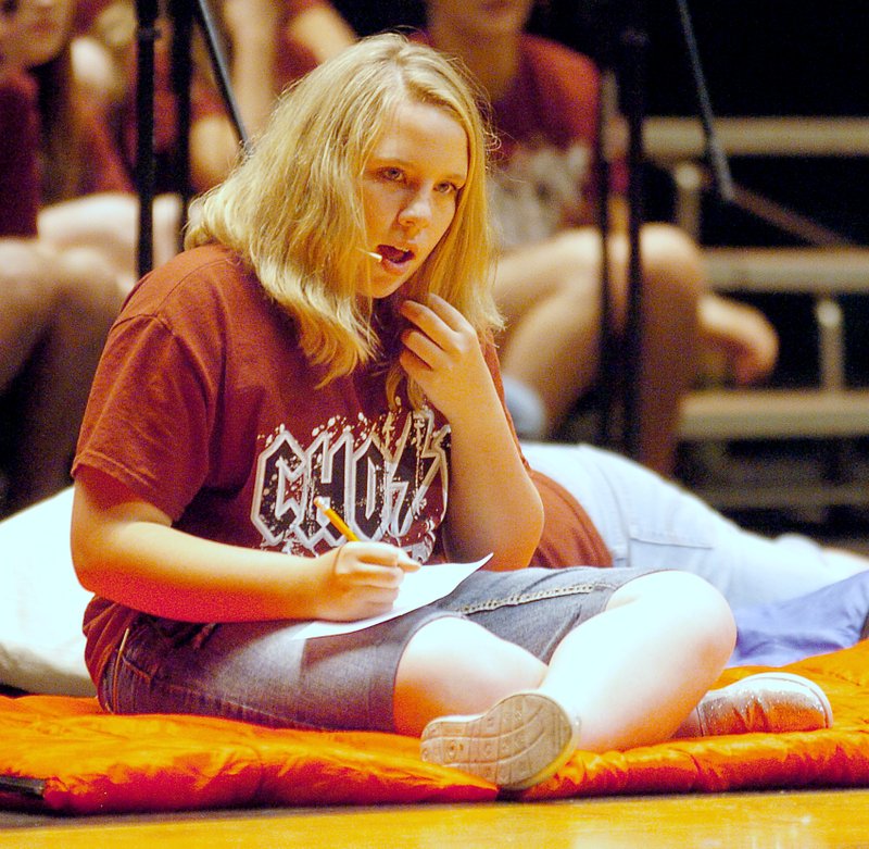 Gentry Spring Musical Reagan Edmondson, grade six, sings &#8220;Hello Muddah&#8221; while writing a letter home during the Gentry Middle School spring musical last month in the Gentry High School auditorium. The musical, entitled &#8220;Summer Camp,&#8221; was presented by the Middle School choirs under the direction of choir director Trella Yates. Photo by Randy Moll