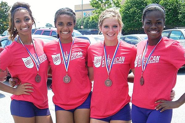 The Bentonville team of Taylor Mahone, from left, Alexis Rolle, Logan Morton and Jody Knight earned All-American honors with their sixth-place finish in the 4x200-meter relay at the New Balance Outdoor Nationals, which were held June 13-15 at North Carolina A&T. The Lady Tigers had a time of 1 minute, 40.65 seconds in an event that hasn't been regularly run in Arkansas in 10 years. The girls just missed on a second All-American honor when they finished seventh in the 4x100 relay.