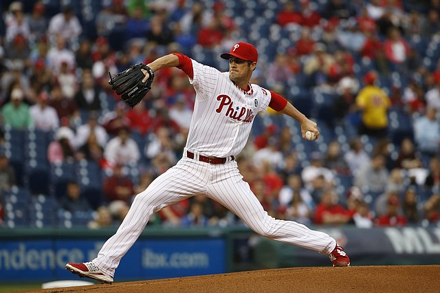 Philadelphia Phillies' Cole Hamels pitches during the first inning of a baseball game against the San Diego Padres, Wednesday, June 11, 2014, in Philadelphia.