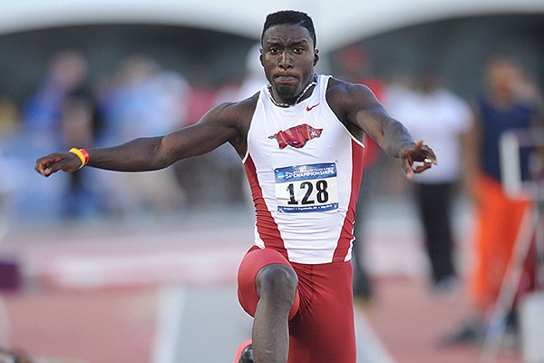 Arkansas freshman Clive Pullen competes in the triple jump during the third day of the NCAA Outdoor Track and Field West Preliminary Meet at John McDonnell Field in Fayetteville.