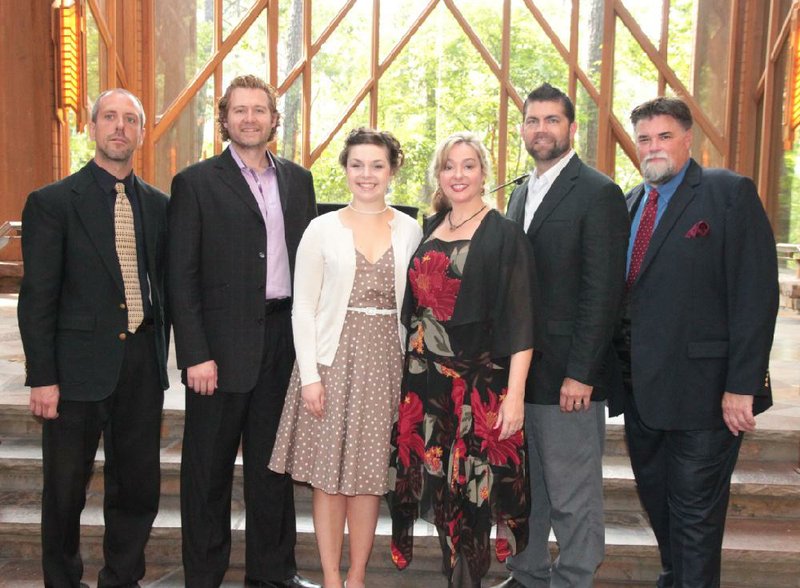Muses performers (from left) pianist Chris Parker; singers Dustin Peterson, Katy Yerina, Deleen Davidson and Ken Goodman; and trombonist Steve Suter will headline concerts Saturday and Sunday in Hot Springs.