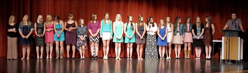 Photo by Randy Moll Gravette High School held its athletic awards ceremony on May 23 in the school&#8217;s performing arts center. The girls&#8217; softball team, pictured above with coach Taos Jones at the podium, was among the award recipients at the annual ceremony.