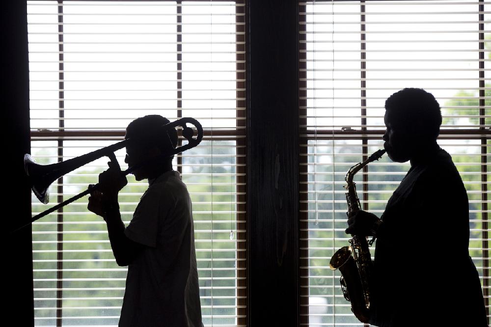 Arkansas Democrat-Gazette/MELISSA SUE GERRITS - 06/19/2014 -  D'Anthony Barnett, 14, left, and Isaiah Perry, 12, with the Mablevale Middle School Band rehearse at the Mosaic Templars Cultural Center June 19, 2014 for the center's Juneteenth Celebration on Saturday June 21, 2014. Juneteenth is the oldest nationally celebrated commemoration of the ending of slavery in the United States. From its Galveston, Texas, origin in 1865, the observance of June 19th as the African American Emancipation Day has spread across the United States and beyond.