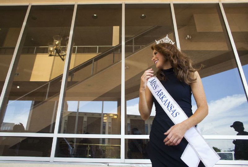 Arkansas Democrat-Gazette/MELISSA SUE GERRITS - 06/21/2014 -  Miss Arkansas 2014 Ashton Campbell reacts to friends after speaking with media at the Austin Convention Hotel and Spa in Hot Springs June 22, 2014. 