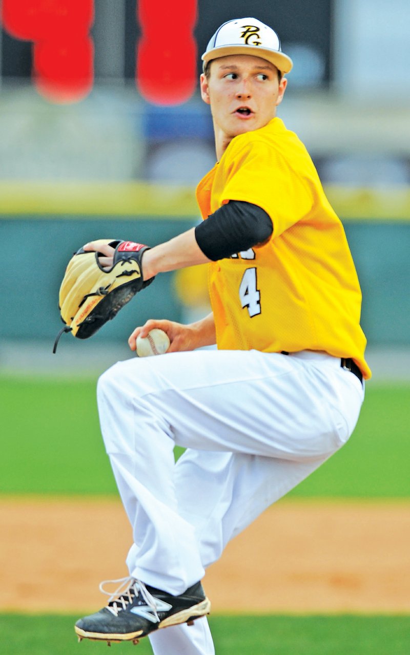 FILE PHOTO ANDY SHUPE Prairie Grove starter Ty Tice delivers a pitch April 3 during the second inning against Farmington in Prairie Grove.