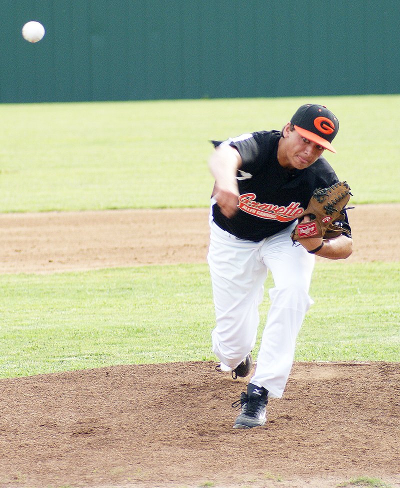 Photo by Randy Moll Gravette&#8217;s Brandon Shaw throws a pitch to a waiting batter during play against Rogers on June 17. Photo by Randy Moll Gravette&#8217;s Brandon Shaw winds up to throw a pitch during play against Rogers on June 17.