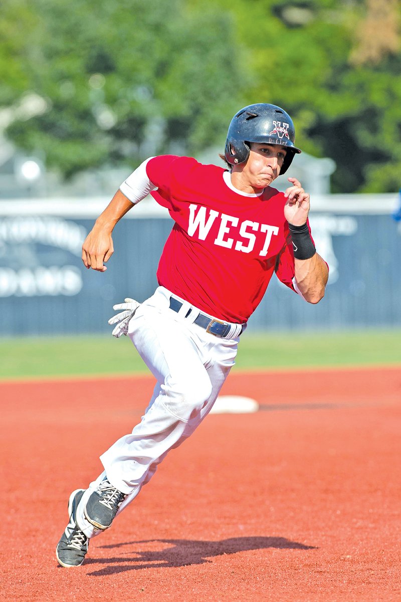 Special To NWA Media Todd Owens Timmy Seldomridge of Rogers High rounds the bases Tuesday during the Arkansas High School Coaches&#8217; Association All-Star baseball game in Conway.