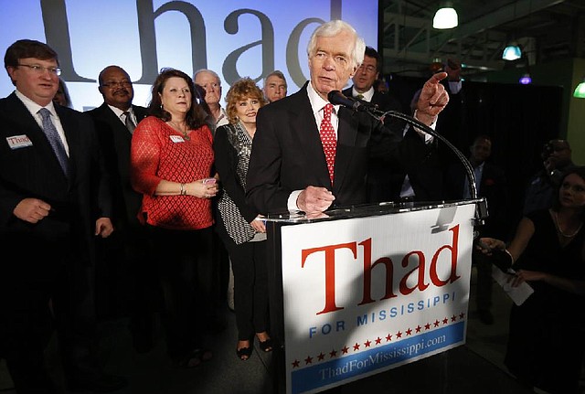 U.S. Sen. Thad Cochran addresses supporters at his victory party Tuesday night in Jackson, Miss. His Tea Party challenger, Chris McDaniel, has refused to concede, saying he will probe “irregularities” in the runoff.