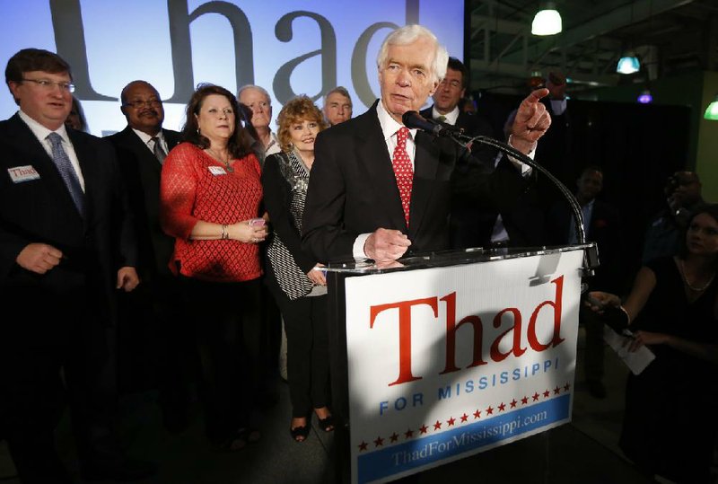 U.S. Sen. Thad Cochran addresses supporters at his victory party Tuesday night in Jackson, Miss. His Tea Party challenger, Chris McDaniel, has refused to concede, saying he will probe “irregularities” in the runoff.