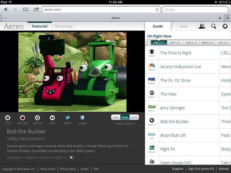 A streaming broadcast of Bob the Builder is shown in an image provided by Aereo.