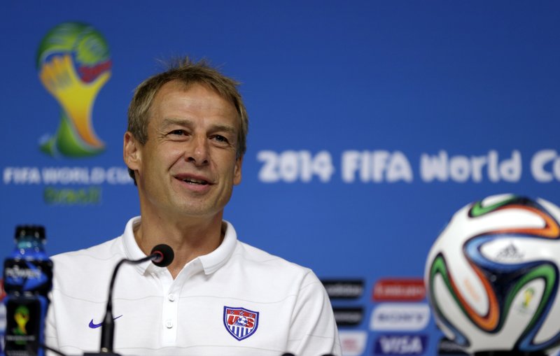 United States' head coach Jurgen Klinsmann attends a press conference before a training session in Recife, Brazil, Wednesday, June 25, 2014. The U.S. will play Germany in group G of the 2014 soccer World Cup on June 26.
