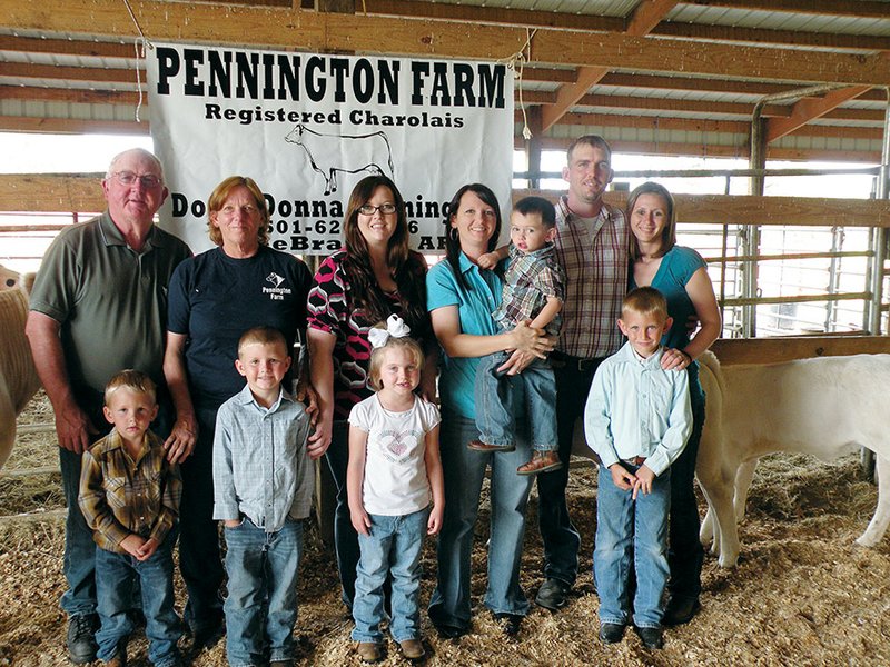 The Don Pennington family of Bee Branch is the 2014 Van Buren County Farm Family of the Year. Family members include, front row, from left, Carson Pennington, Caleb Pennington, Laci Burroughs and Cole Pennington; and back row, Don and Donna Pennington, Allison Pennington, Amy Burroughs holding Bentley Burroughs, and Brian and Shawna Pennington. Not shown is Jason Burroughs. The Penningtons raise hay and registered Charolais cattle.