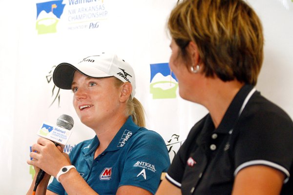 Stacy Lewis (left) and Arkansas head coach Shauna Estes-Taylor speak during a news conference at Pinnacle Country Club in Rogers during the pro-am on Wednesday, June 27, 2012, as part of the Wal-Mart NW Arkansas Championship.