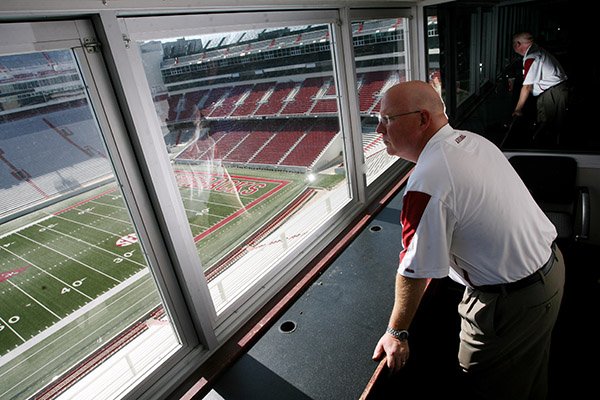 Chuck Barrett, pictured in this 2010 file photo, has been affiliated with Razorbacks broadcasting since 1992.