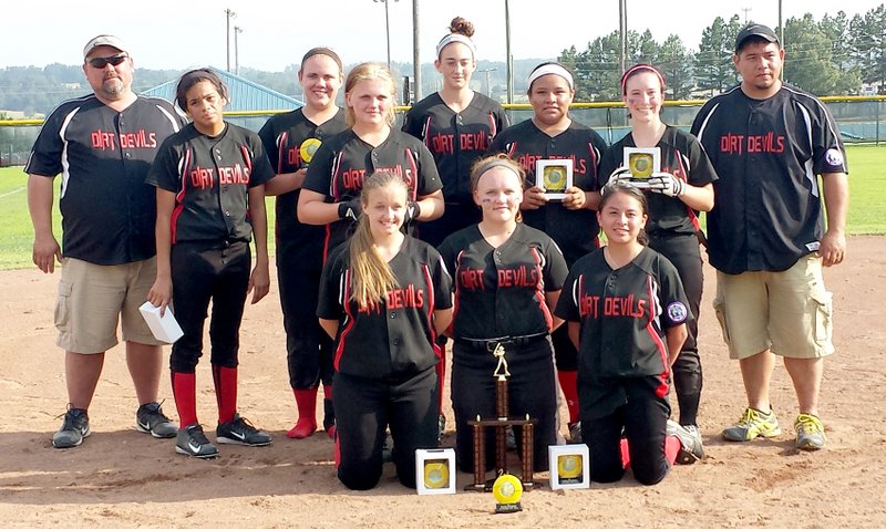 Submitted Photo The Gentry U16 Dirt Devils played at their state tournament last weekend in Harrison and finished as first runners up with only nine girls playing at the event. The Dirt Devils had two triple plays, four double plays, four home runs and 36 RBIs. Kalie Blackbear was the starting pitcher and had 12 strike outs. Maranda Guntharp was relief pitcher with four strike outs. The umpires said they were very impressed with the abilities and talents of these girls and their tremendous sportsmanship displayed on and off the field. The team has an invitation to advance to regional play in Dumas, Texas, later this month. Team members pictured at the tournament with their trophies are: Alexis Droddy (front, left), Jaime Pierce, Arianna Medina, Coach Kevin Hodges (back, left), Tyra Verrette, Sydney Hodges, Samantha Pierce, Maranda Guntharp, Kalie Blackbear, Alexis Aycock and head coach Anthony Blackbear.