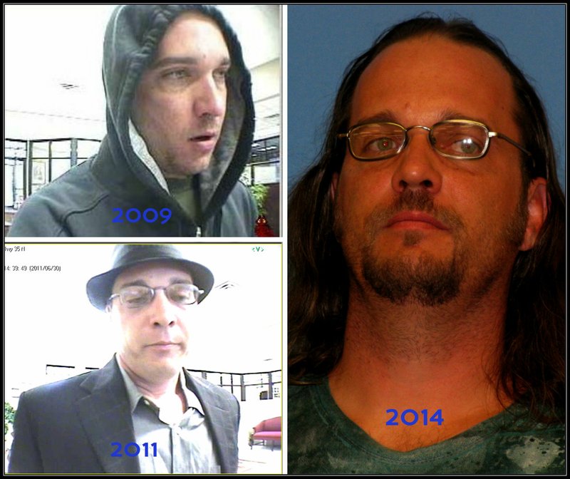 At right, Richard Swicegood is shown in a Saline County booking mug. At left are surveillance photos from robberies of a Benton bank in 2009 and 2011. 