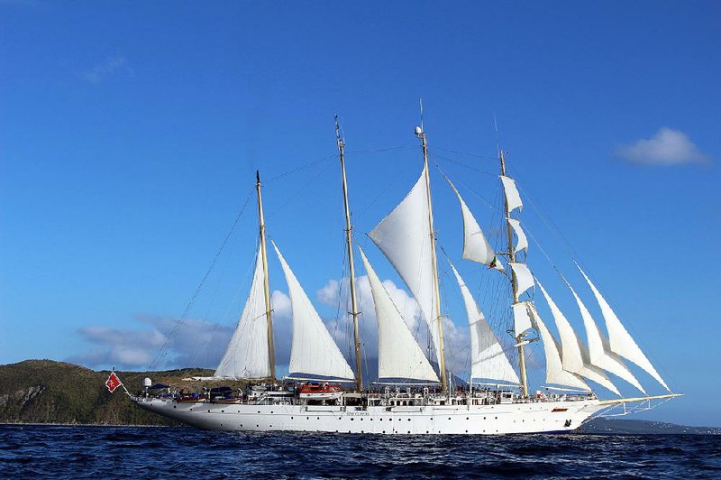 The Star Clipper sets sail from South Friar’s Bay at St. Kitts. Clipper ships were developed in the middle of the 19th century as very fast sailing ships. The Star Clipper resembles the old clipper ships but was built in 1992 for luxury cruising and carries 170 passengers.