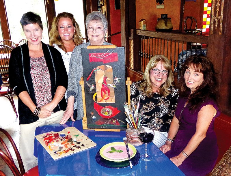 COURTESY PHOTO Teresa DeVito of DeVito&#8217;s of Eureka Springs, Fleur Delicous Weekend founder Ilene Powell, artist Denise Ryan, Peggy Kjelgaard of Eureka Springs School of the Arts and KJ Zumwalt of Caribe pause for photo to promote Palate to Palette, a new event during this year&#8217;s Fleur Delicious in Eureka Springs. Fleur Delicous runs from Tuesday through July 13.