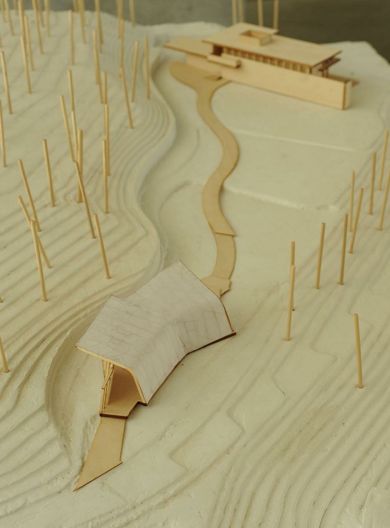 An architectural model, on display Thursday in Vol Walker Hall on the campus of the University of Arkansas at Fayetteville, shows a pavilion planned for the grounds of Crystal Bridges Museum of American Art in Bentonville.