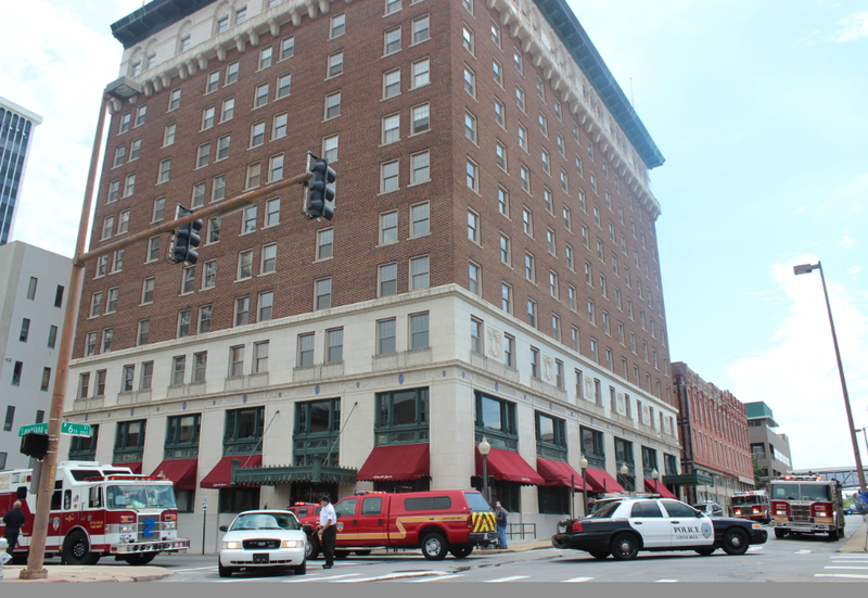 The Little Rock Fire Department responds Monday, July 7, 2014, to the Lafayette Square building.