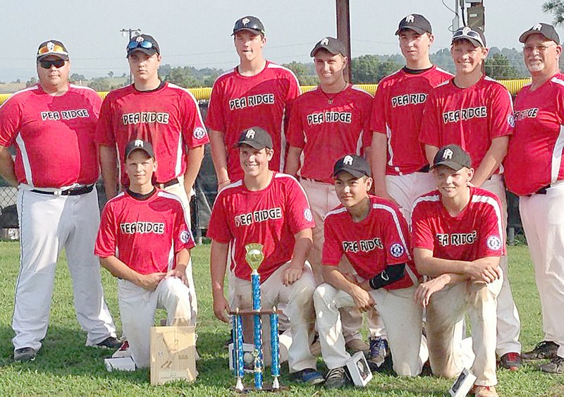 Photograph submitted Pea Ridge 15-year-old All-Star Babe Ruth baseball team won District 4 Babe Ruth championship in Harrison. They played Gravette in the championship game winning 11-3. Players include front, from left: Landon Rhine, Aron Tusznyski, Garrett King and Austin Anderson; back row from left: coach Jeremy Anderson, Trevor Hyman, Chandler Tidwell, Tanner Flippo, Tanner Stamps, Trevor Bates and coach Randy Easterling. The team will play in the state tournament in Harrison this weekend.