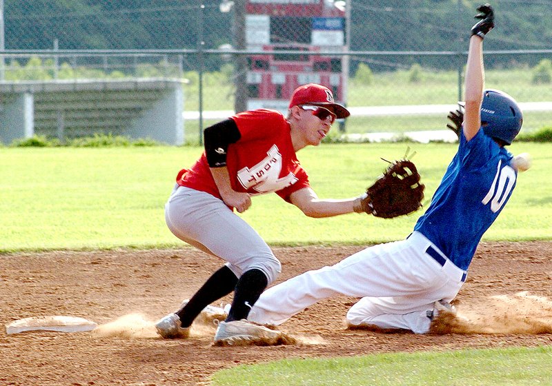 McDonald County second baseman Evan Acuff waits for a throw from catcher Emitt Dalton as an East Newton runner steals second base during Post 392&#8217;s 2-0 win July 2 at MCHS.