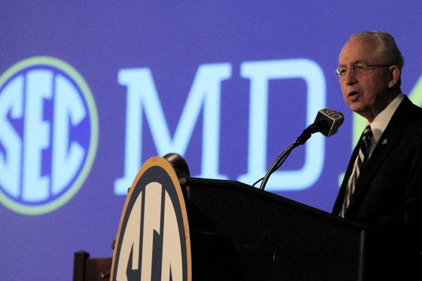 Southeastern Conference (SEC) Commissioner Mike Slive speaks during SEC media days on Monday, July 14, 2014, in Hoover, Ala. (AP Photo/Butch Dill)