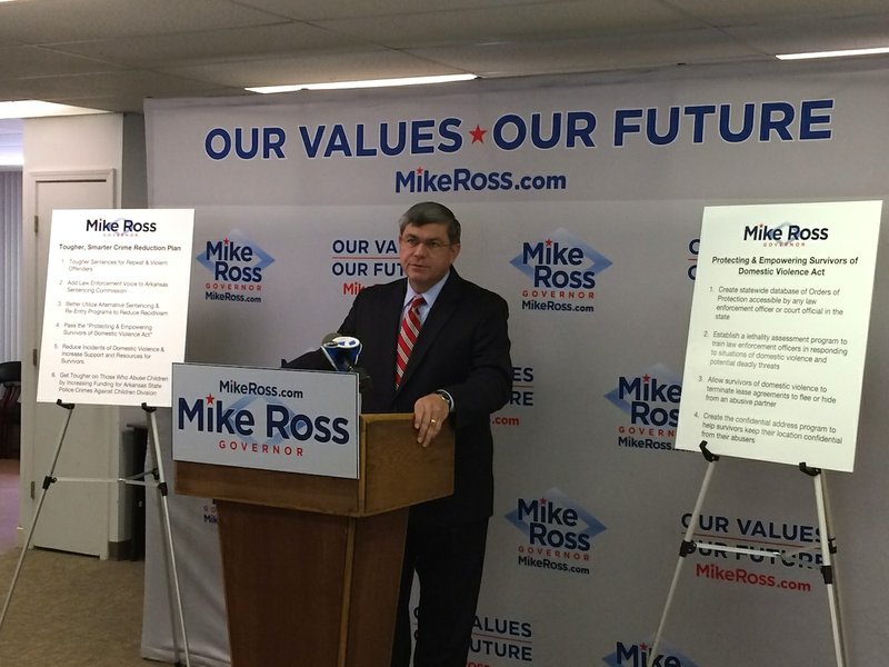 Democratic gubernatorial candidate Mike Ross introduces his crime reduction plan for the state of Arkansas on Tuesday at his campaign headquarters in Little Rock. 