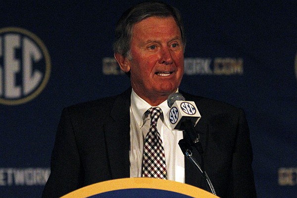 South Carolina Coach Steve Spurrier speaks to media at the Southeastern Conference media days on Tuesday, July 15, 2014, in Hoover, Ala. (AP Photo/Butch Dill)