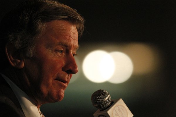South Carolina Coach Steve Spurrier speaks to media at the Southeastern Conference media days on Tuesday, July 15, 2014, in Hoover, Ala. (AP Photo/Butch Dill)