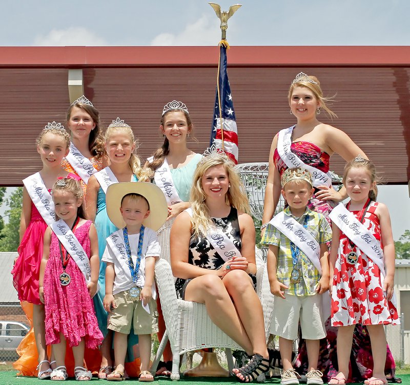 Photographs courtesy of Russ Wilson Miss Abbye Coan, Miss Pea Ridge 2014, center, was surrounded by her court Saturday at the conclusion of the pageants held during the 65th annual Pea Ridge Fair. Pageant winners includeMiss Teeny Tot Avery Abercrombie, Mr. Teeny Tot Teagan Hackler, Mr. Tiny tot Landen Cates and Miss Tiny Tot Kairi McInturff, flanking Miss Coan; and back row, from left: Tiny Miss Pea Ridge Shylo Whitmore, Pre-Teen Miss Pea Ridge Zaelea Harris, Little Miss Pea Ridge Kayleigh Mathis, Jr. Miss Pea Ridge Rebecca Woods and Teen Miss Pea Ridge Briana Wilson. &#8226;&#8226;&#8226; Editor&#8217;s note: Wilson Creations at 479-633-1365 or its2ez4me2hr@yahoo.com. Check out Wilson Creations on Facebook at www.facebook.com/wilsoncreations or visit his Web site at www.wilsoncreations.com.