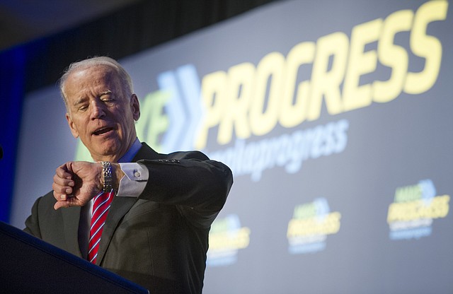 Vice President Joe Biden looks at his watch as he speaks in Washington, Wednesday,July 16, 2014, during Generation Progress's annual Make Progress National Summit. As Hillary Rodham Clinton promotes her book, liberals in the Democratic Party are elbowing into the 2016 presidential conversation. Potential Clinton rivals like Biden, Massachusetts Sen. Elizabeth Warren and Maryland Gov. Martin O'Malley are in the middle of a summertime tour of Democratic constituencies and campaigns, drawing contrasts to Clinton as she weighs a heavily anticipated second presidential bid.