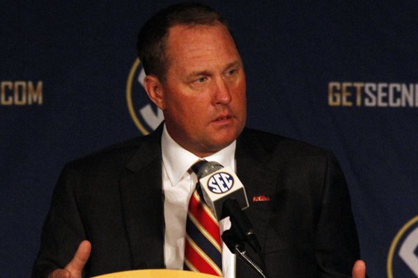 Mississippi coach Hugh Freeze speaks to media at the Southeastern Conference NCAA college football media days on Thursday, July 17, 2014, in Hoover, Ala. (AP Photo/Butch Dill)