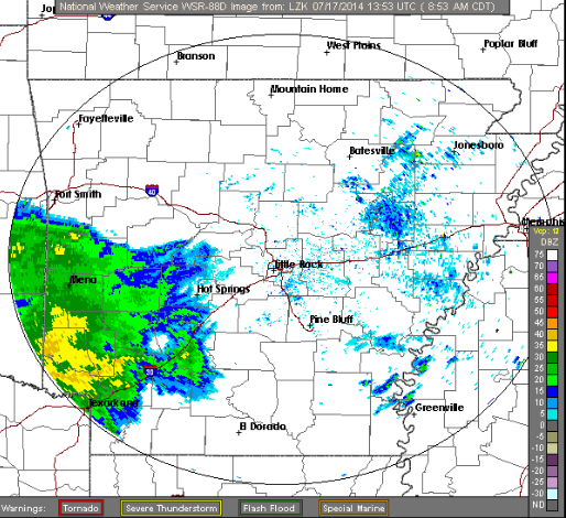 This National Weather Service radar image shows rain moving into Arkansas shortly before 9 a.m. Thursday.