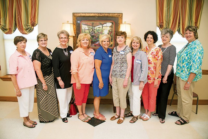 Emilie Monk, president of the Saline County Chapter of the Arkansas Retired Teachers Association, from left, Nancy Hunt, Reeca Norman, Jennifer Crowson, Sharon Mitchell,  Anettte Vaughn, Becky Fulcher, Gina Holstead, Toni Bradford and Donna Morey, ARTA executive director, were among the attendees at a meeting of the Saline County Chapter of the statewide organization held July 10 in Benton.