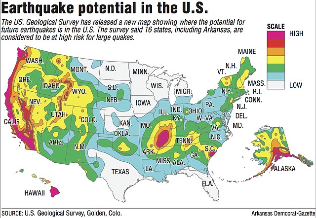 A map showing the potential for future earthquakes in the U.S.