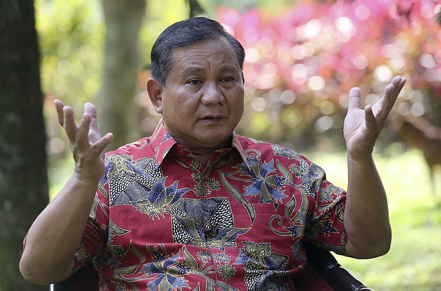 Indonesian presidential candidate Prabowo Subianto gestures during an interview in Bogor, West Java, Indonesia, Friday, July 18, 2014. Subianto alleged there had "been quite massive incidences" of fraud in general elections, which he said might prevent him from winning the most divisive polls in the fragile democracy's history. 