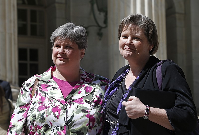 The Associated Press KNOW YOUR RIGHTS: Plaintiffs challenging Oklahoma&#8217;s gay marriage ban Sharon Baldwin, left, and her partner Mary Bishop leave court following a hearing at the 10th U.S. Circuit Court of Appeals in Denver on April 17. The three-judge panel of the 10th U.S. Circuit Court of Appeals in Denver on Friday found a ban on same-sex marriage in Oklahoma violates the U.S. Constitution. In a Utah case, the court ruled June 25 that gay couples have a constitutional right to wed.