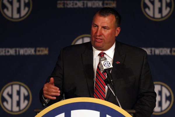 Arkansas coach Bret Bielema speaks to media at the Southeastern Conference NCAA college football media days on Wednesday, July 16, 2014, in Hoover, Ala. (AP Photo/Butch Dill)