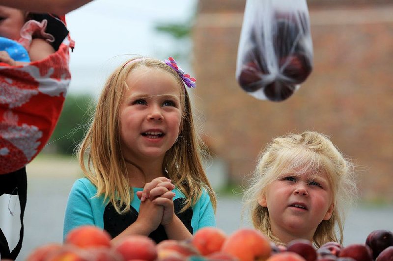 Arkansas Democrat-Gazette/RICK MCFARLAND--07/19/14--   Lily Hirscheider (left), 6, and her sister Jude, 3, egarely wait for one of the plums their mother Courtney Hirscheider, of North Little Rock, bought for them at the Argenta Farmer's Market in North Little Rock Saturday. It was a good day to shop as the temperatures were in the low 70's most of the morning, unusual for July in Arkansas.