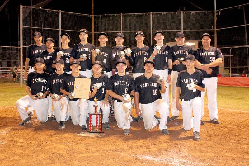 Photo submitted The Siloam Springs 15-year-old Panthers won the North Arkansas Babe Ruth State Tournament July 11-13 in Harrison. The Panthers will host the Southwest Region Babe Ruth Tournament this weekend at James Butts Baseball Complex. Pictured are: front row from left, Chance Junkermann, Matthew McSpadden, Dawson Armstrong, Austin Price, Cole Reed, Daniel Kent, Eli Hawbaker; and back row from left, coach Michael Hunt, head coach Marc Hawbaker, Logan Hamilton, Josh Hunt, Dodge Pruitt, Zac Bolstad, Chandler Cook, Harrison Kretzer, Kaleb Francis and coach Danny Bolstad.